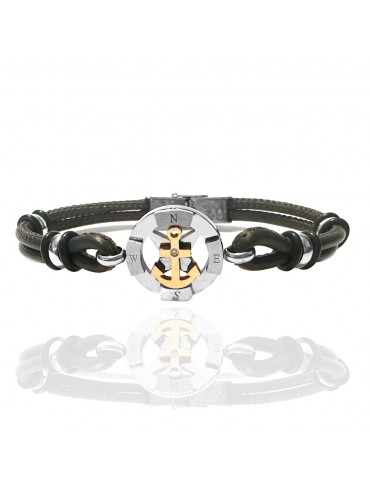 Bracciale ancora uono acciaio e pelle marrone scuro bcc3051