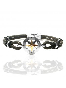 bracciale rosa dei venti uomo acciaio e pelle marrone scuro bcc3052