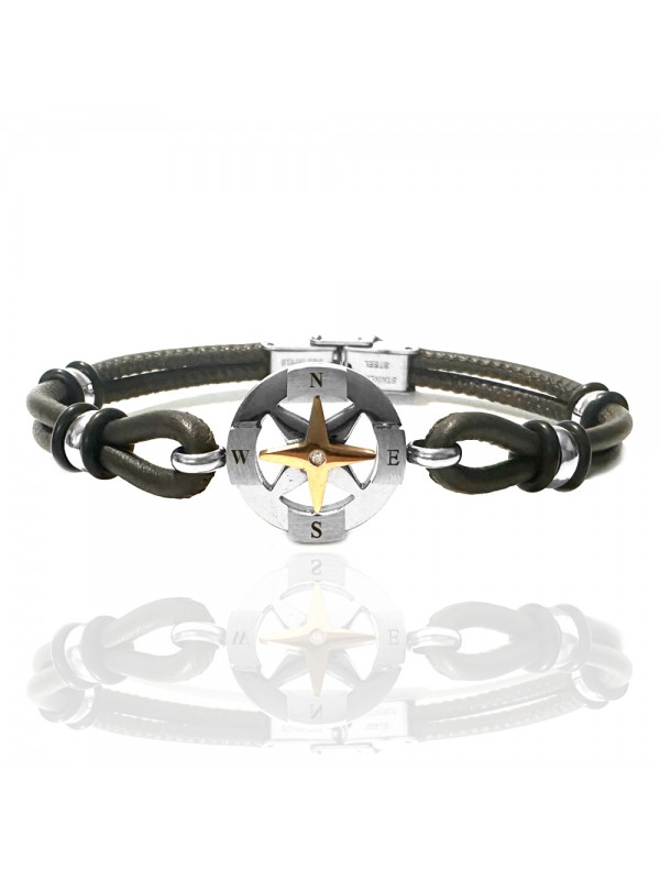 bracciale rosa dei venti uomo acciaio e pelle marrone scuro bcc3052