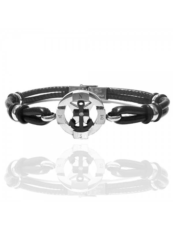 bracciale ancora uomo acciaio e pelle nera bcc3053