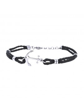 bracciale uomo con ancora gioiello in acciaio e pelle nera tubolare cm 21 mm 17